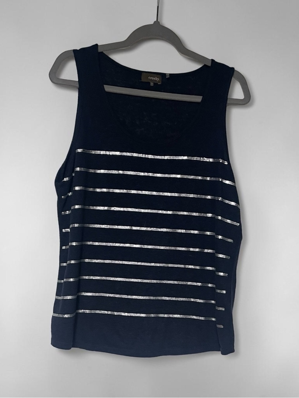 crosby. Navy Sleeveless Tank with Silver Sequin Stripes